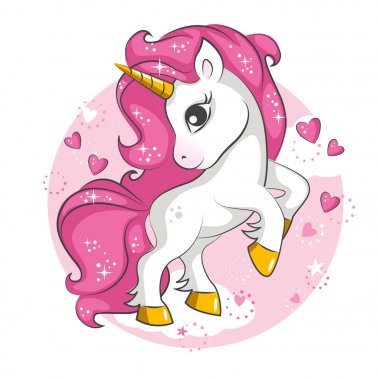 Cute little pink  magical unicorn. Vector design on white background. Print for t-shirt. Romantic hand drawing illustration for children. clipart