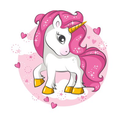 Şirin, küçük, pembe, sihirli tek boynuzlu at. Beyaz arkaplanda vektör tasarımı. Tişört için baskı. Çocuklar için romantik el çizimi.