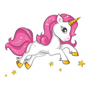 Şirin, küçük, pembe, sihirli tek boynuzlu at. Beyaz arkaplanda vektör tasarımı. Tişört için baskı. Çocuklar için romantik el çizimi.