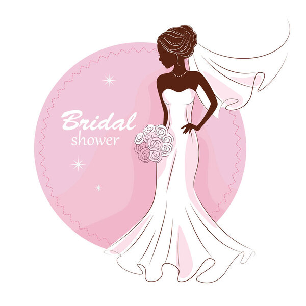 Bridal shower invitation. Young beautiful bride is in an elegant wedding dress. Vector illustration for your design.Invitation, greeting card, template for the bride show.