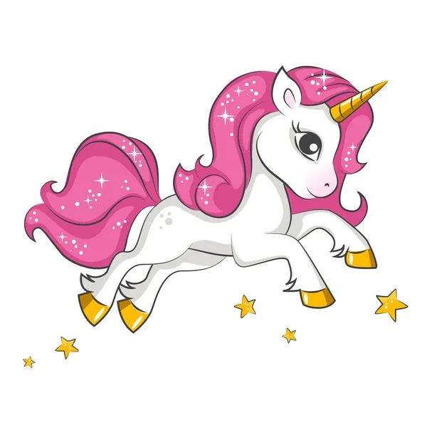 Cute Little Pink Magical Unicorn Vector Design White Background Print — Stock Vector