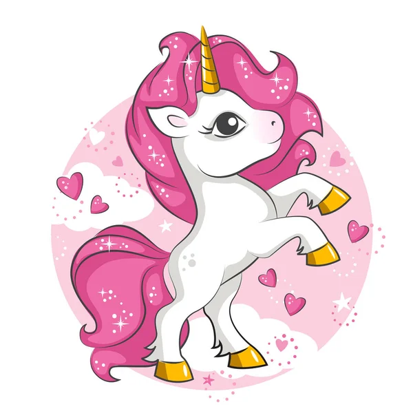 Carino Piccolo Unicorno Magico Rosa Design Vettoriale Sfondo Bianco Stampa Illustrazioni Stock Royalty Free