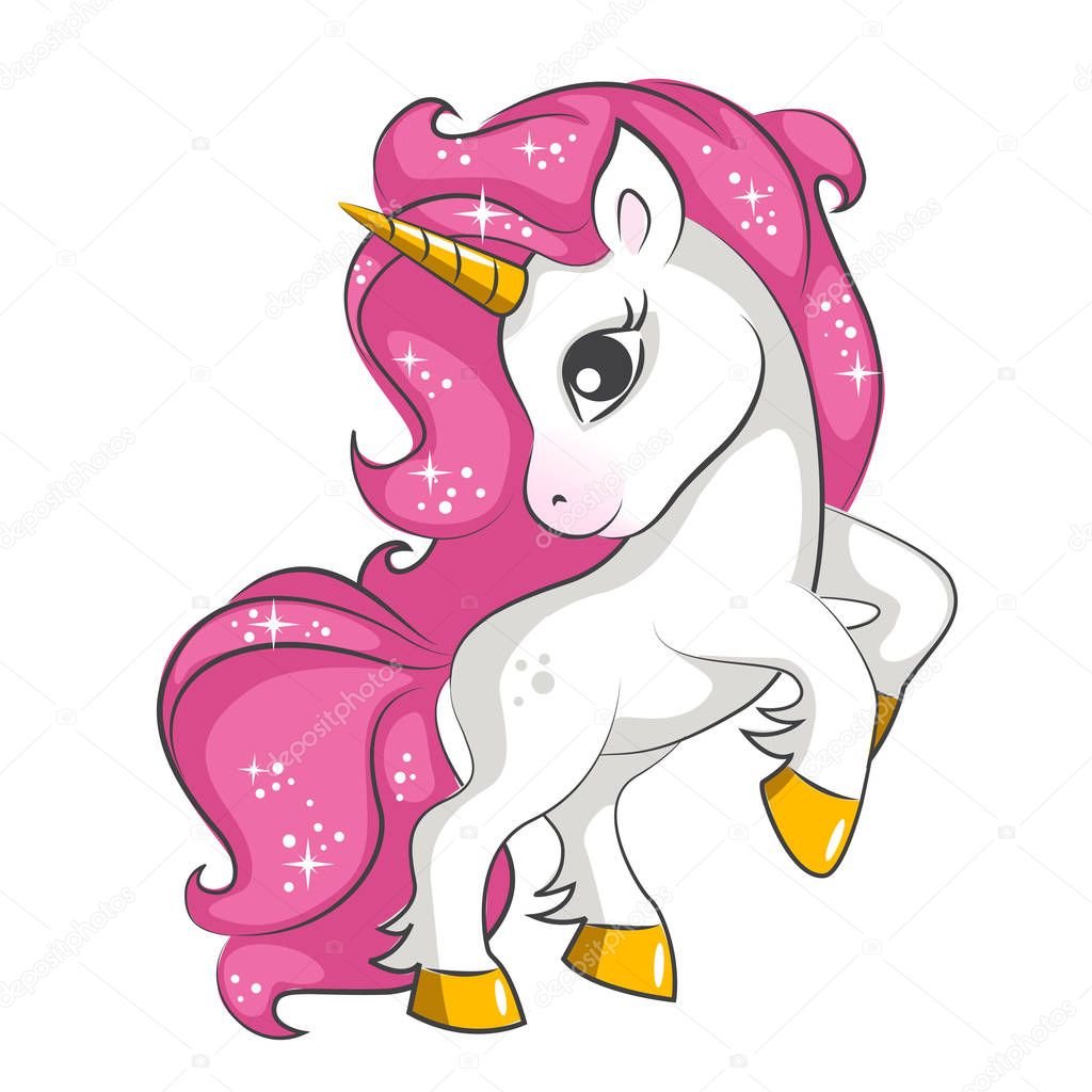 Cute little pink magical unicorn. Vector design on white background
