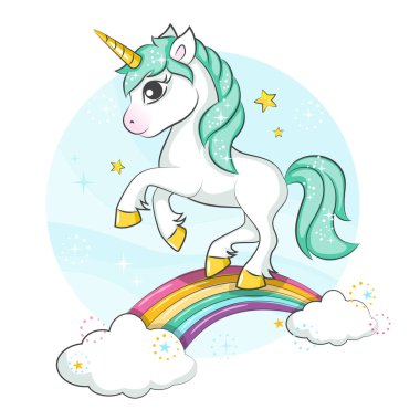 Küçük midilli. Şirin sihirli unicorn ve gökkuşağı. Beyaz arka plan üzerinde izole vektör tasarımı. T-shirt veya etiket için yazdırın. Romantik el çizim çocuklar için çizimi.