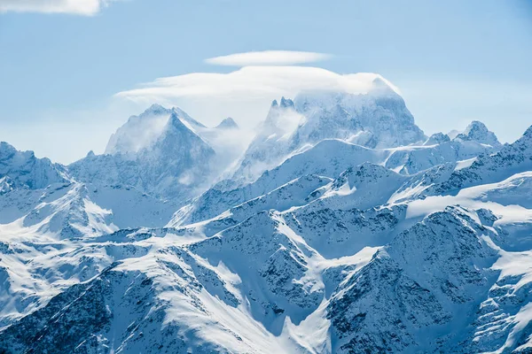 Mount Ushba Caucasus Mountains Snowstorm Clouds Ridge Alpine Winter View — Stock Photo, Image