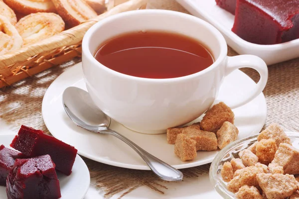 Cup Traditional English Tea Cane Lump Sugar Natural Cherry Jam — Stock Photo, Image