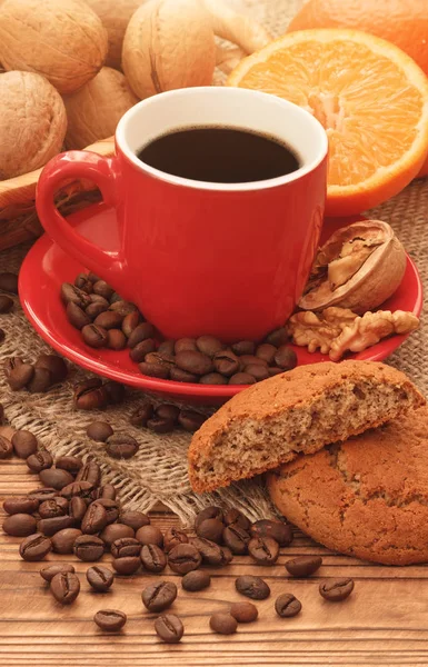 Hot Coffee Oatmeal Cookies Burlap Napkin — Stock Photo, Image