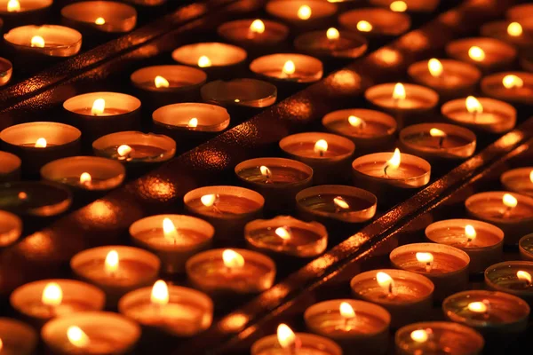 Rows Many Flames Candles Church Traditional Pray Symbols Fire Candles — Stock Photo, Image
