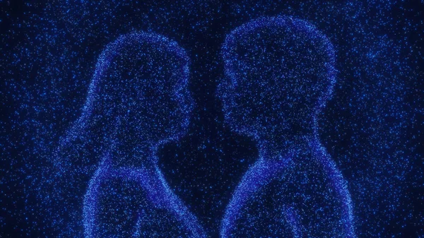 Love or romantic abstract figures in star sky. Cosmic conceptual man and woman silhouettes with blue starlight, 3d render