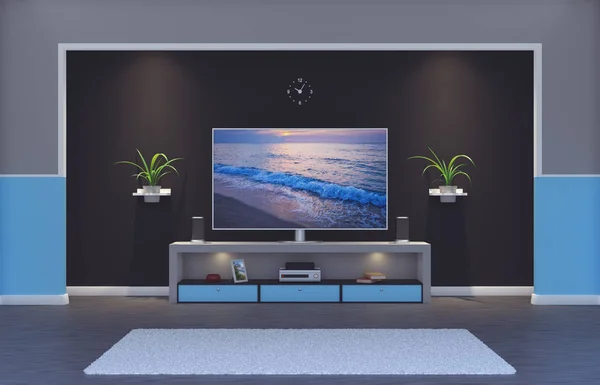 Vykreslování Moderního Interiéru Místnosti Televizí Bodovým Osvětlením — Stock fotografie
