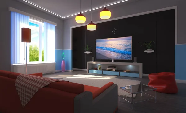 3d rendering of modern room interior with TV set and point lighting (daylight variation)
