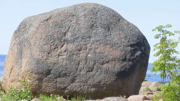 Pedra errático enorme na costa do mar Báltico como testemunha da idade do gelo — Vídeo de Stock
