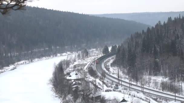 Godståg rör sig genom barrskog under snöfall längs frusna floden — Stockvideo