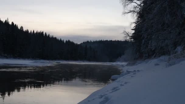 Ψυχρός ηλιοβασίλεμα στην βόρεια χώρα. Δέντρο κλαδιά καλυμμένα με παγετό και παγωμένος ποταμός — Αρχείο Βίντεο