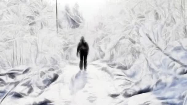 Fraktaler Reisender im fraktalen schneebedeckten Wald — Stockvideo