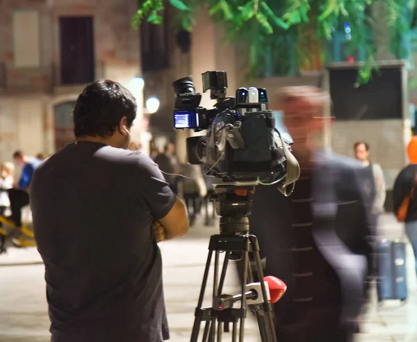 Španělsko Barcelona Října 2017 Natáčení Práce Operátora Ulici Umělého Světla — Stock fotografie