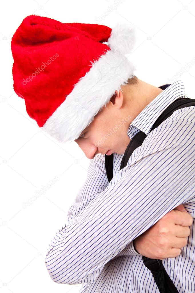 Sad Teenager in Santa Hat