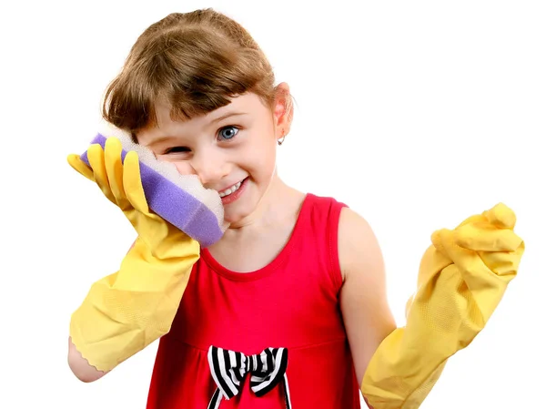 Petite fille en gants en caoutchouc — Photo