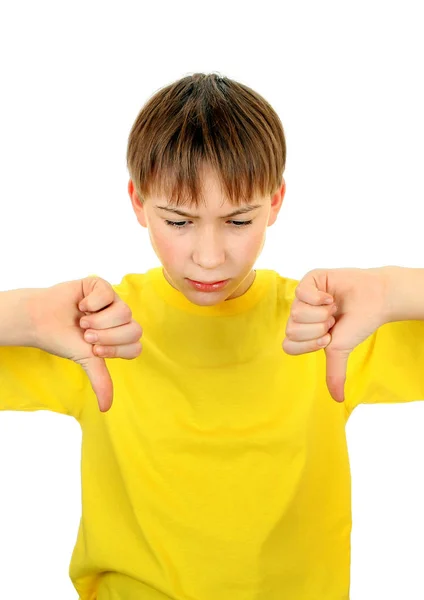 Niño con el gesto del pulgar hacia abajo — Foto de Stock