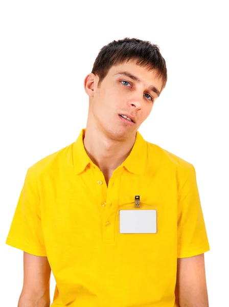 Mladý muž s prázdnou odznak — Stock fotografie