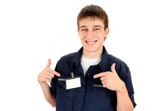 Jovem com crachá em branco — Fotografia de Stock