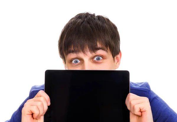 Young Man show a Tablet — Stock fotografie