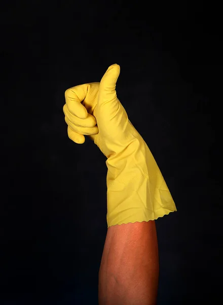 Guante Mano Goma Con Gesto Pulgar Hacia Arriba Fondo Oscuro —  Fotos de Stock