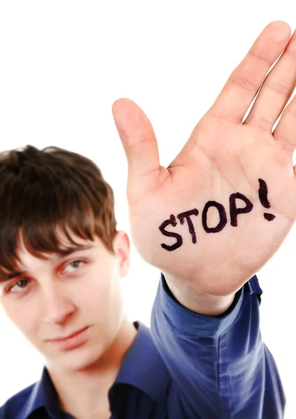 Junger Mann Mit Handschellen Stopp Geste Auf Dem Weißen — Stockfoto