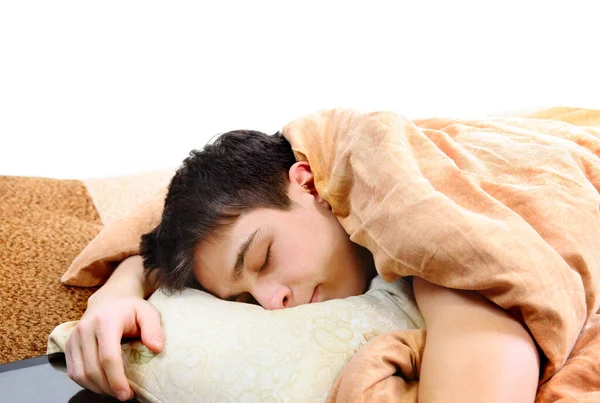 Уставший Молодой Человек Спит Кровати Доме Крупным Планом — стоковое фото