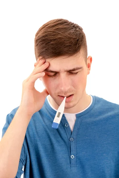 Sad Young Man Thermometer Isolated White Background — Stock Photo, Image