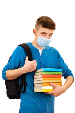 Grip Maskeli Öğrenci 'nin Beyaz Arkaplanda Ayrı Tutulan Kitapları