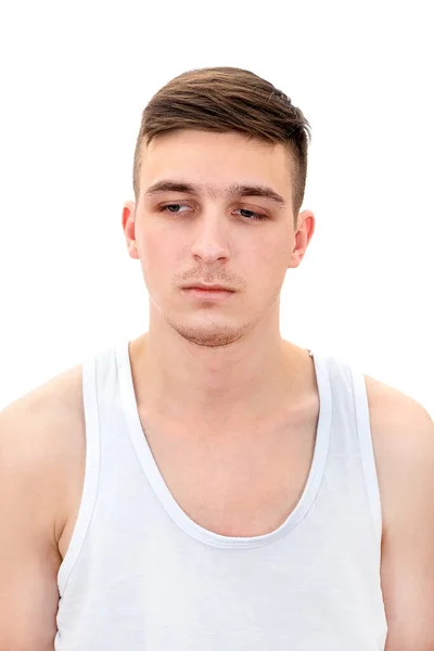 Pensive Young Man Undershirt Ізольовані Білому Тлі — стокове фото