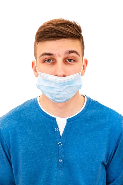 Retrato Joven Con Una Máscara Gripe Con Nariz Abierta Aislada — Foto de Stock