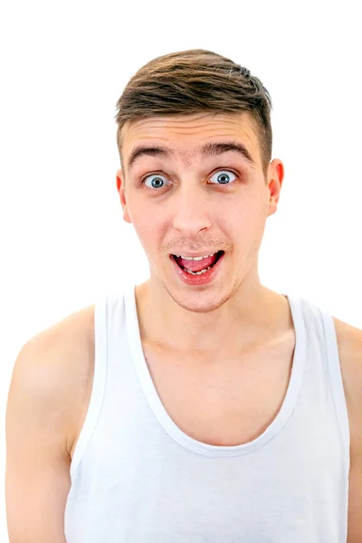 Šťastný Mladý Muž Tričku Izolované Bílém Pozadí — Stock fotografie