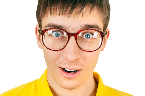Sorpreso Giovane Uomo Occhiali Isolato Sullo Sfondo Bianco — Foto Stock