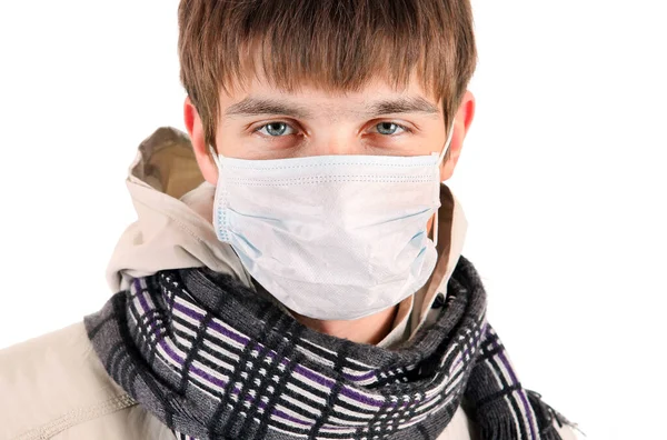Ung Man Influensa Mask Isolerad Den Vita Bakgrunden Närbild — Stockfoto
