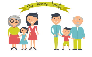 Mutlu aile illüstrasyon. Baba, anne, büyükanne ve büyükbaba, oğlu ve kızı portre ile bayrak.