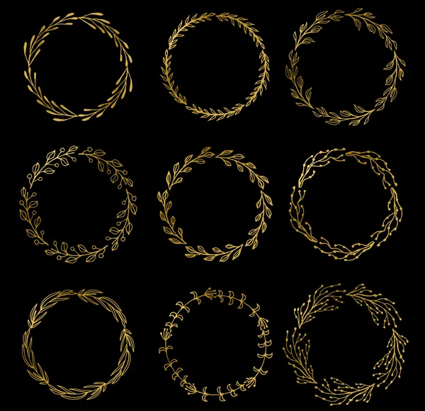 Set of gold award laurel wreaths and branches on dark background, vector illustration. — Stock Vector