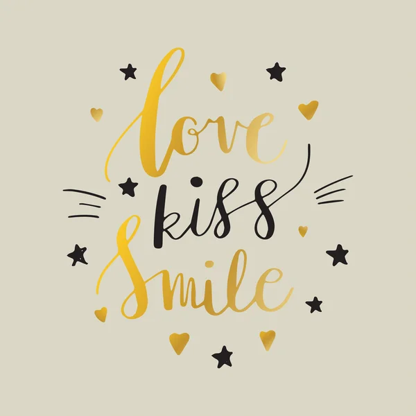 Amore Bacio Sorriso Lettere decorative, cuori e stelle. Citazione di ispirazione lettering disegnato a mano. iscrizione. Carattere, poster motivazionale . — Vettoriale Stock