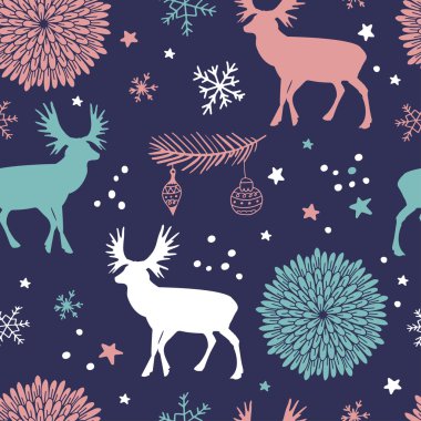 ağaçlar, geyikler ve çiçeklerle vektör seamless modeli