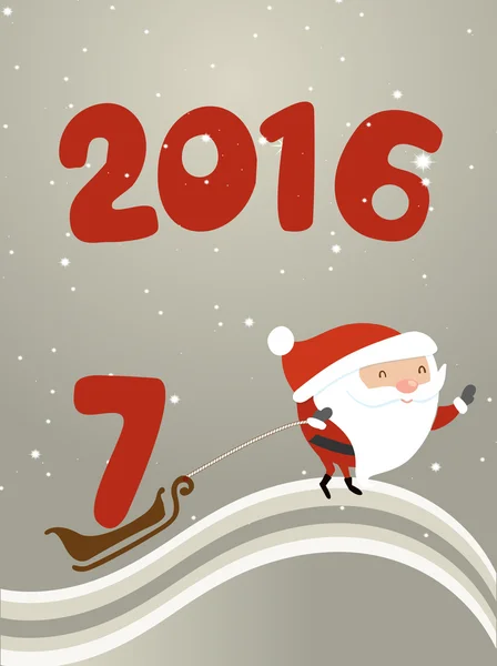 Papai Noel é conduzido pelo trenó número sete. Ilustração para cartões de Natal design, banners, site, 2017 cartão de ano novo feliz —  Vetores de Stock