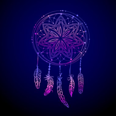 Mavi ve pembe renklerde soyut parlayan dreamcatcher. Lüminesans vektör illüstrasyon. Boho tarzı arka plan, el ilanları, tshirt, giyim, baskı web için etnik tasarım elemanı 
