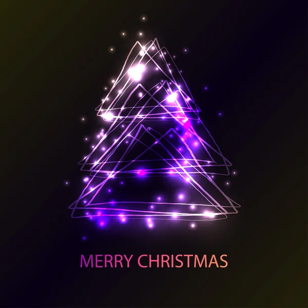 Прекрасна святкова листівка з різдвяною ялинкою в технічному стилі. зроблено з трикутників, спалахів і світла. Відмінна ілюстрація для карт, запрошення на вечірку, диско-банери — стоковий вектор