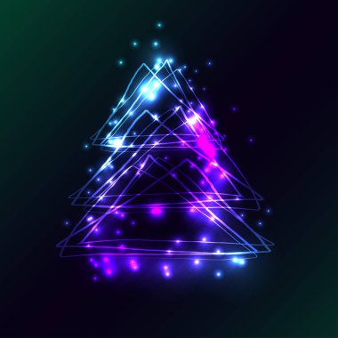 Techno stil Noel ağacı güzel tebrik kartı. Noel ağacı üçgenler, yanıp söner ve ışıklar yapılmış. Tatil kartları, parti davetiyeleri, disko afiş için mükemmel bir örnek