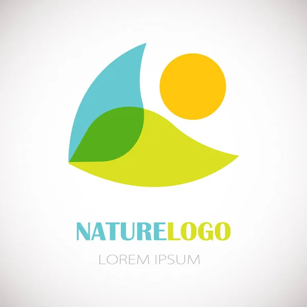 自然のロゴ - 新鮮な緑の葉、水の青と白の背景にオレンジ色の太陽要素. — ストックベクタ