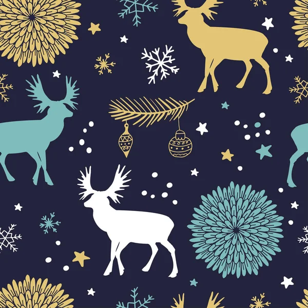 Motif sans couture vectoriel avec arbres, cerfs et fleurs — Image vectorielle