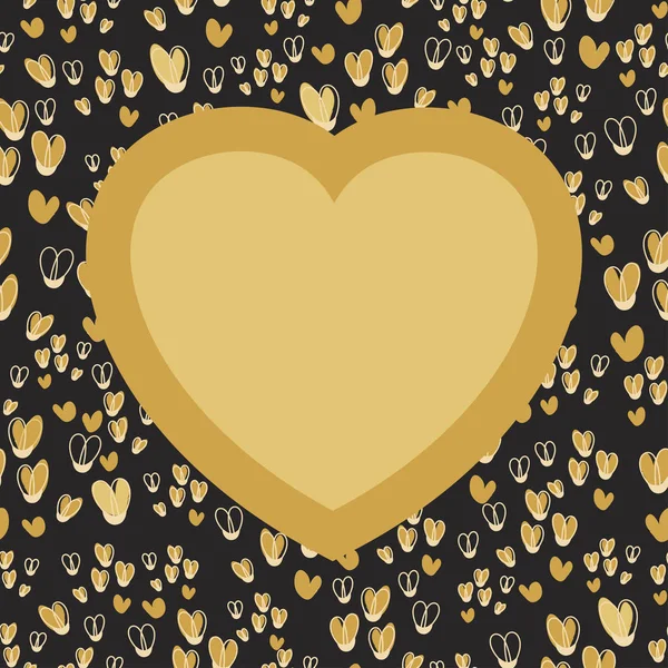 Corazón de oro con lugar para su texto en el patrón de vectores sin costuras de corazones sobre fondo negro . — Vector de stock
