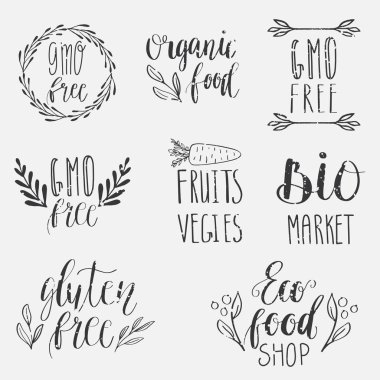 Çevre, doğa, vegan, biyo gıda logolar. Yazı el yazısı. Vektör öğeleri için etiketleri, logolar, rozetleri, Etiketler ve simgeler. Kaligrafi ve tipografik koleksiyonu.