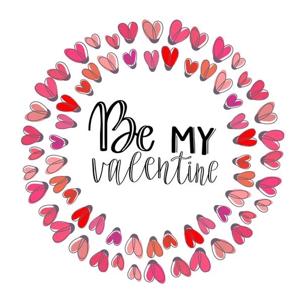 Valentines Day Card belettering Be my Valentine. Roze harten achtergrond. Vectorillustratie — Stockvector