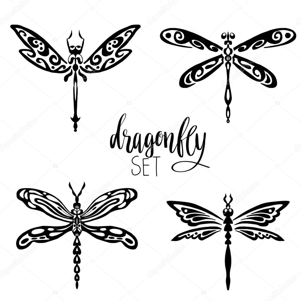 Set of black dragonflies silhouettes isolated on white background. Vector illustration can be used for tattoo, logo, web, print design, logotype and branding.